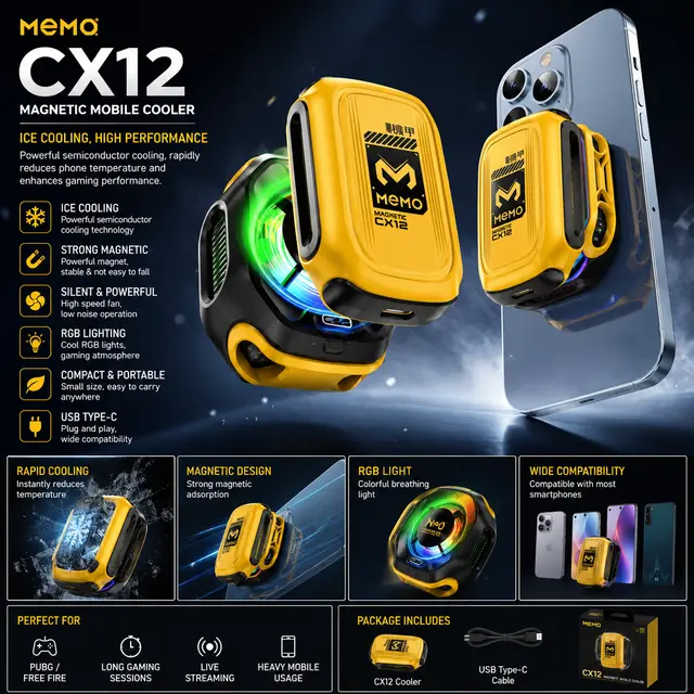 MEMO CX12 Magnetic Phone Cooler – 10W Radiator with Digital Display & Rechargeable Battery for Phones & Gaming